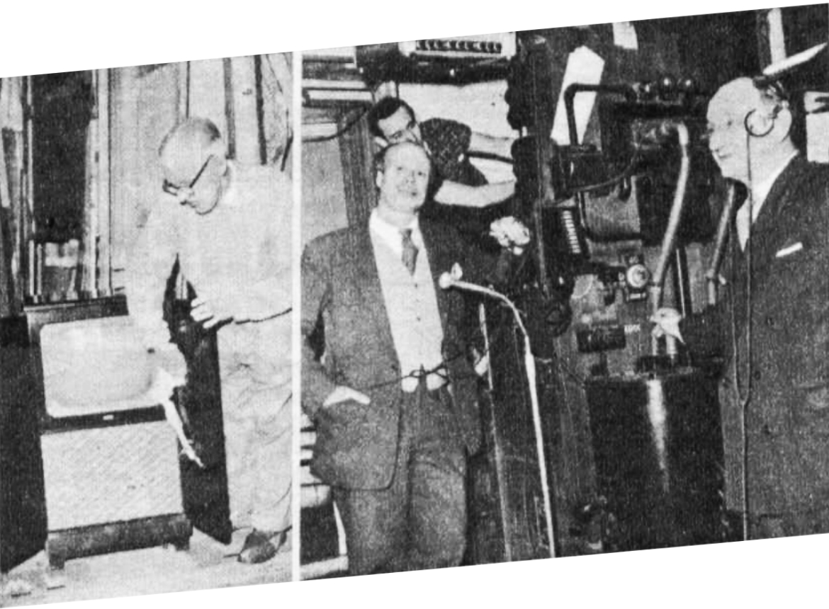 Two images. A man dusts a television set. Men stand around electromechanical equipment